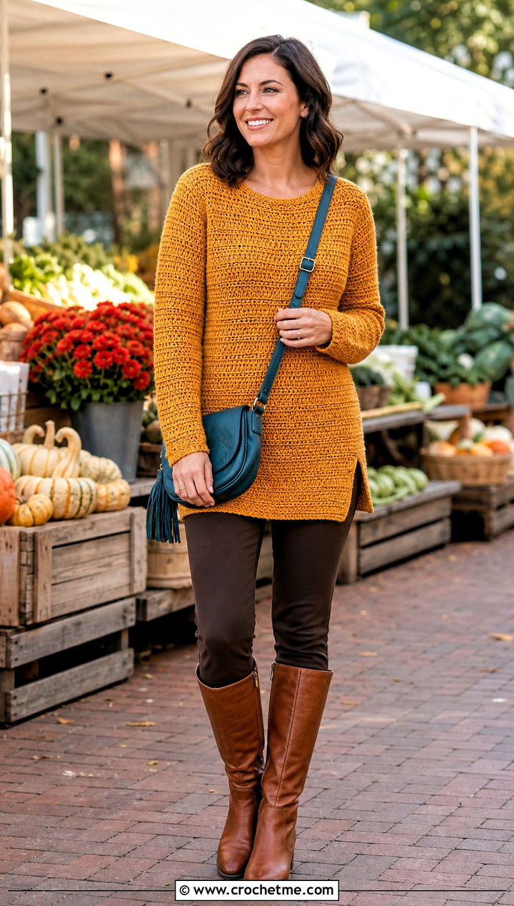 Tunic Rustic Crochet Sweater With Knee High Boots - 15 Rustic Crochet Sweater outfit ideas