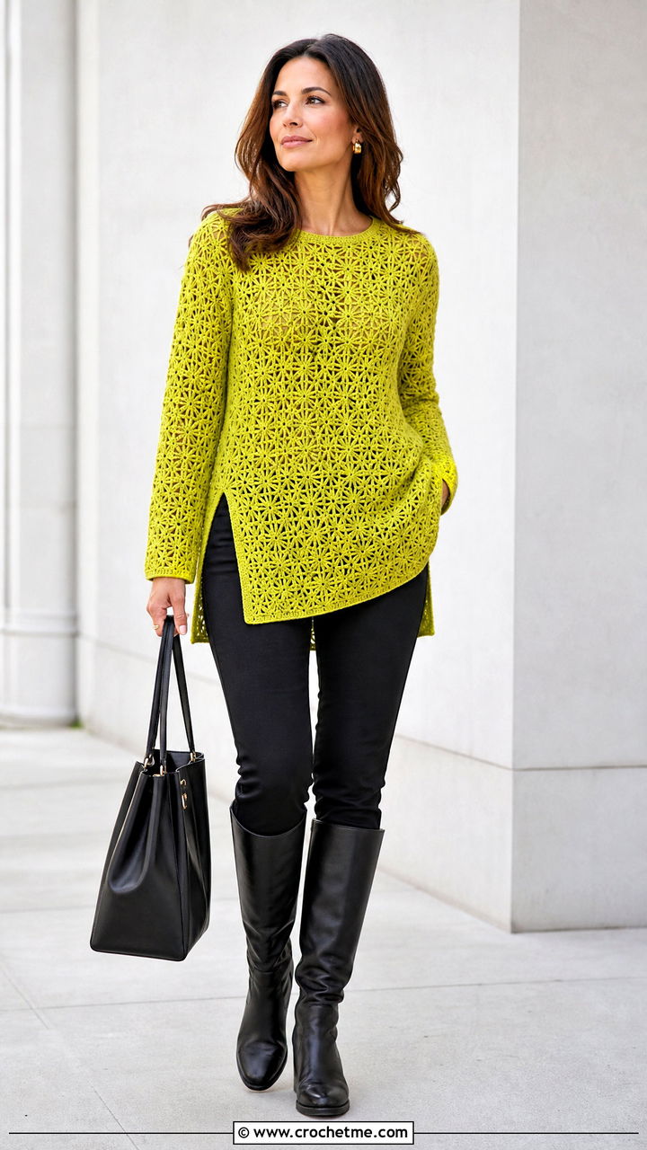 Tunic Star Sweater With Ponte Pants - 35 crochet star sweater outfit ideas