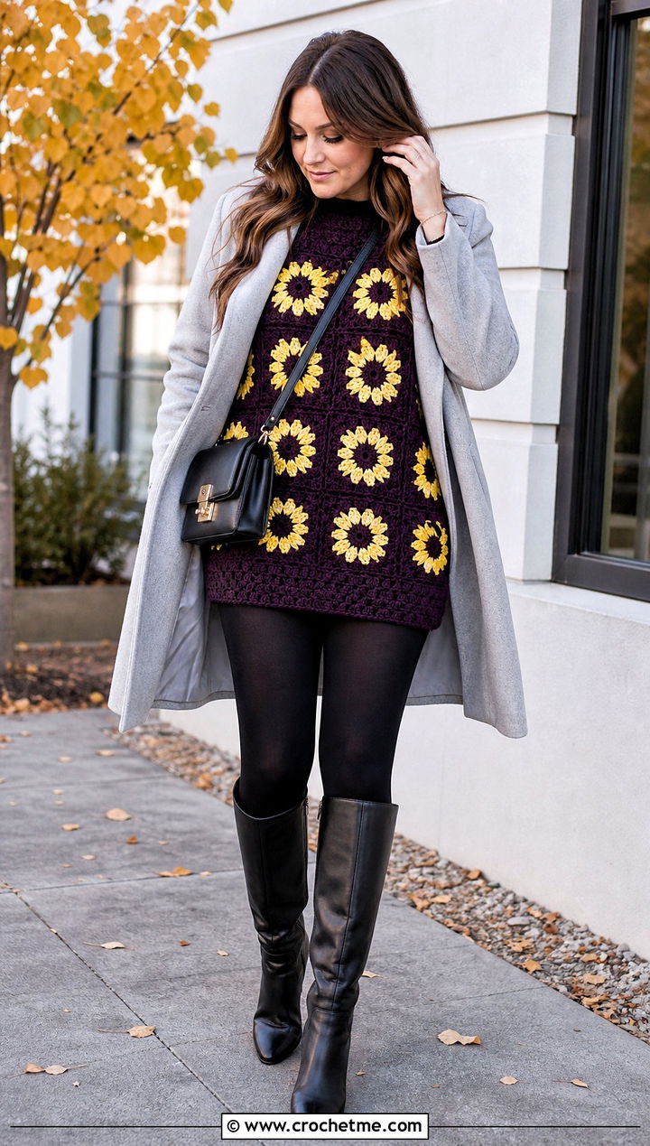 Tunic Sunflower Granny Square Pullover Sweater With Knee High Boots - 15 Sunflower Granny Square Pullover Sweater outfit ideas