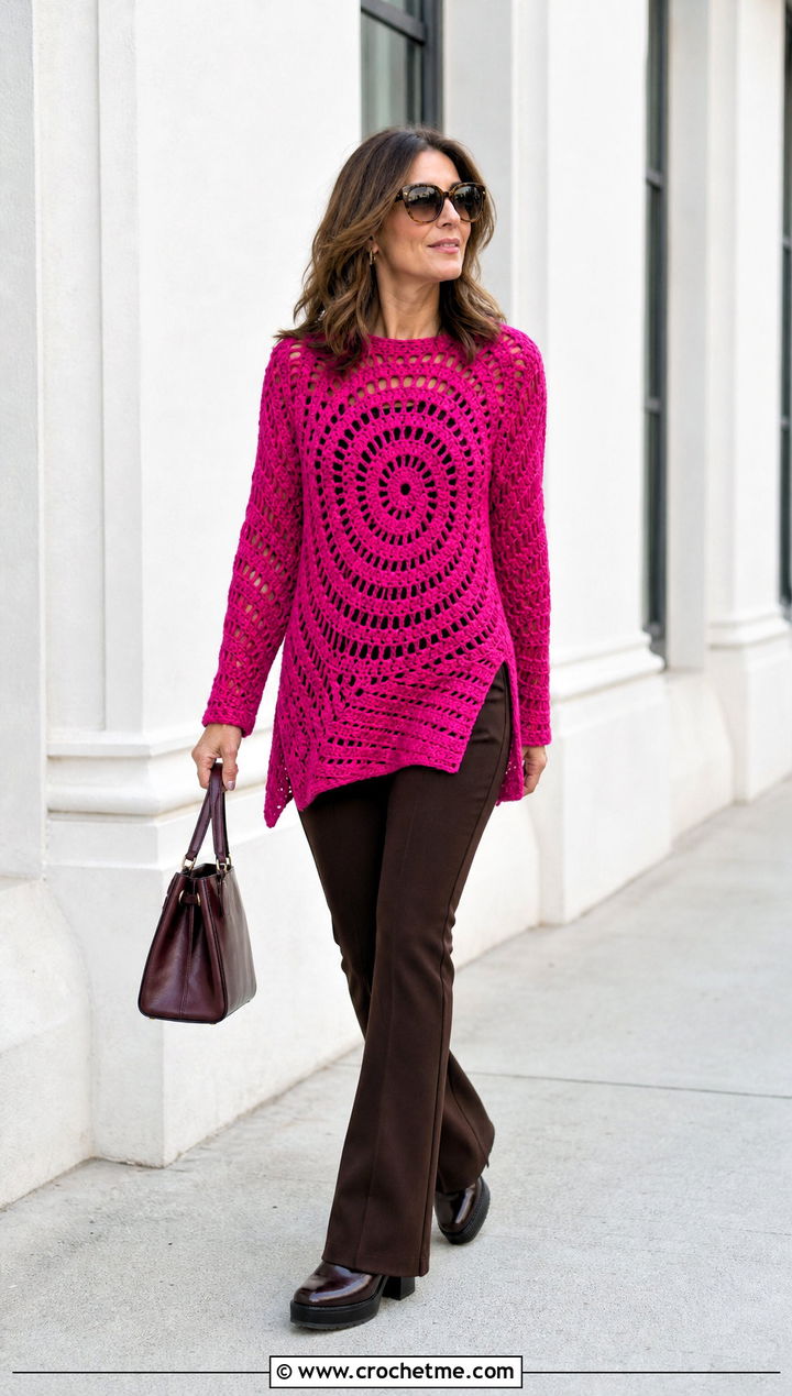 Tunic Swirl Crochet Sweater With Flared Pants - 25 swirl crochet sweater outfit ideas