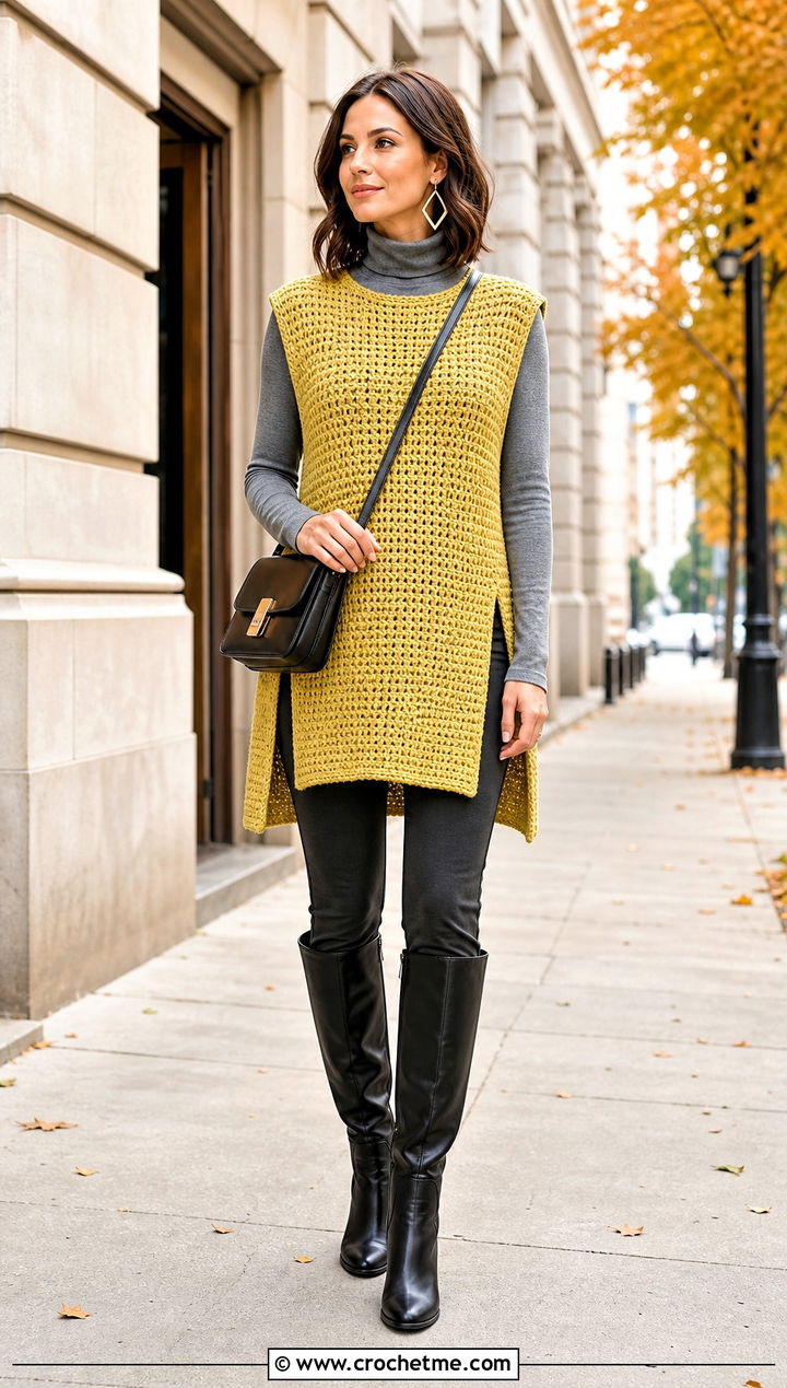 Tunic Tunisian Crochet Sweater Vest With Slim Pants - 25 tunisian crochet sweater vest outfit ideas