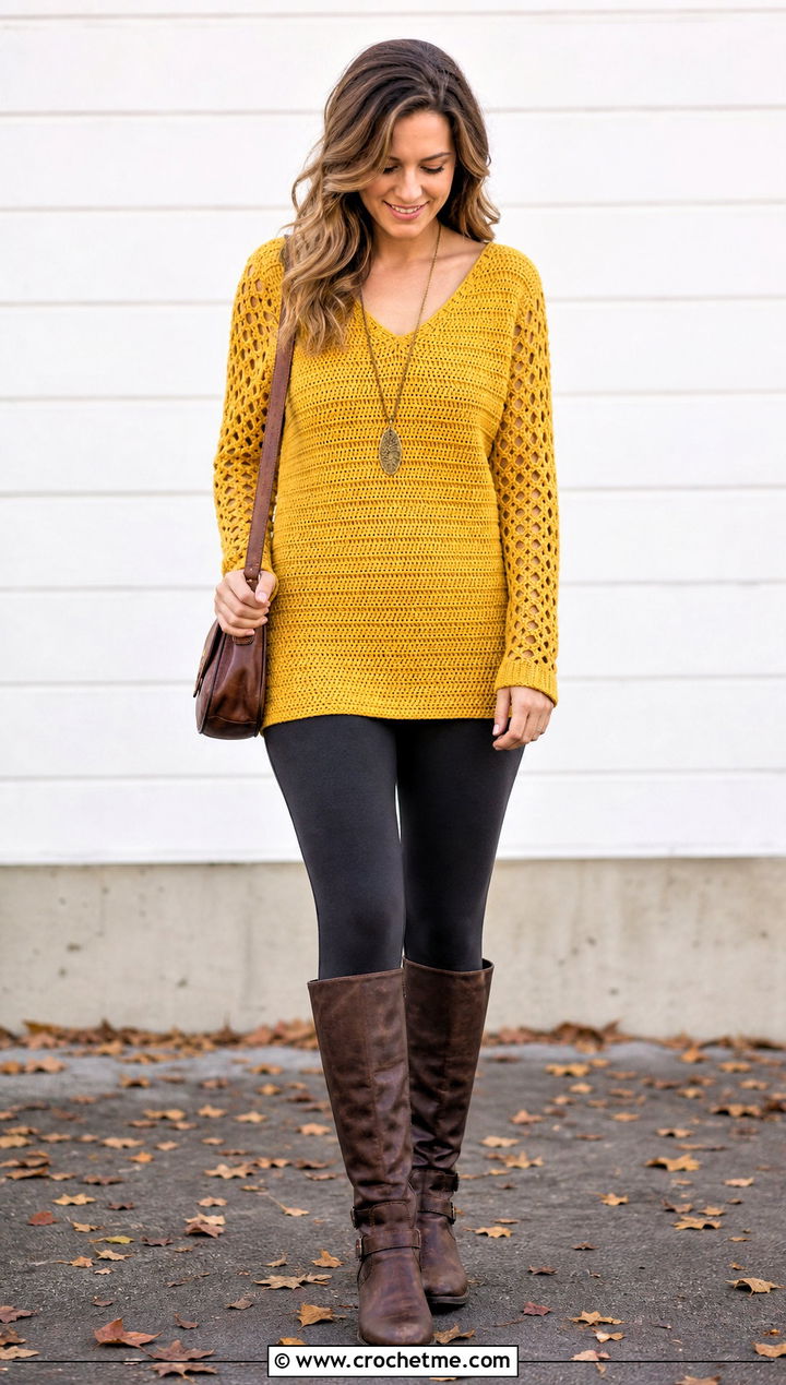 Tunic V Neck Crochet Sweater With Leggings - 35 v neck crochet sweater outfit ideas