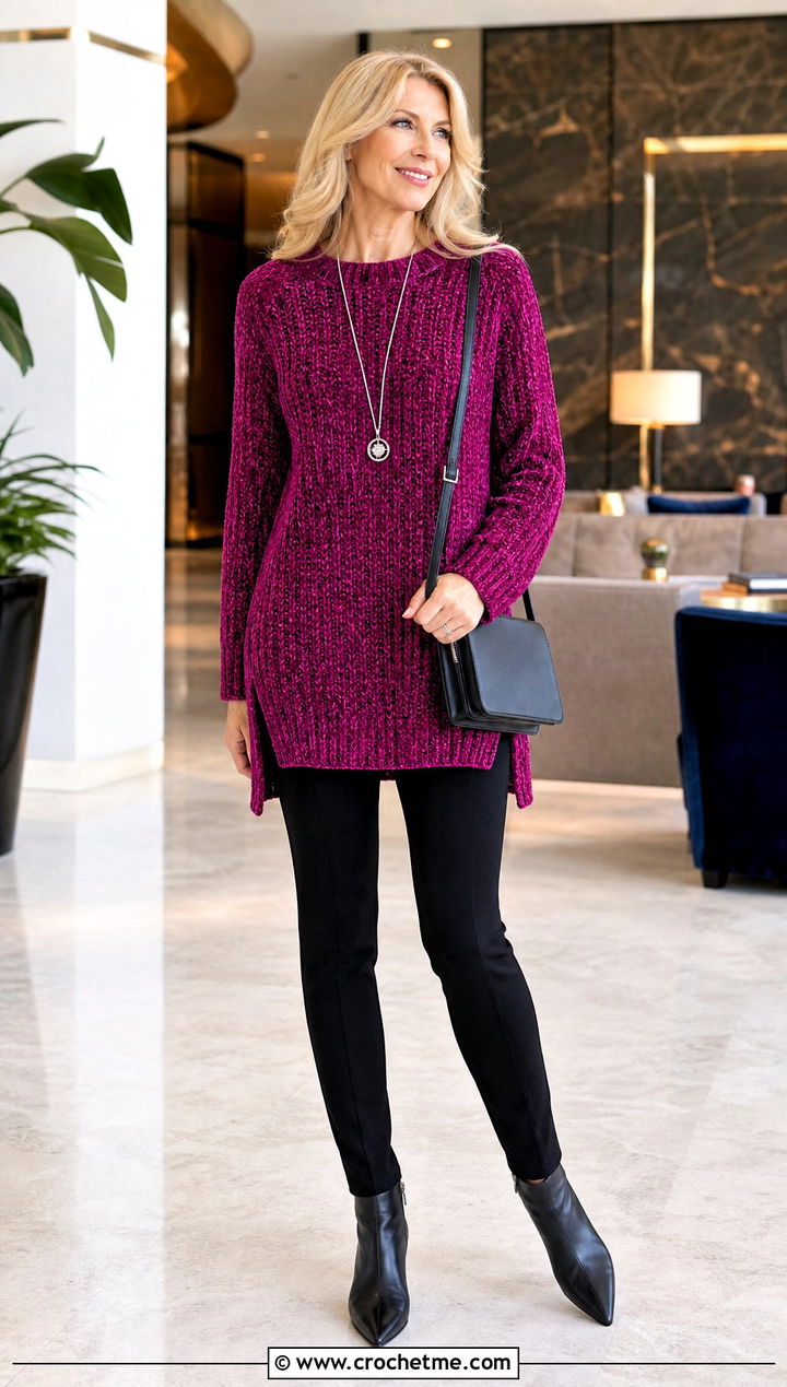 Tunic Velvet Crochet Sweater With Slim Pants - 30 velvet crochet sweater outfit ideas
