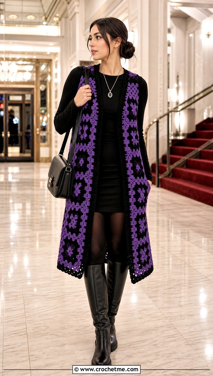 Tunic Wednesday Crochet Vest With Knee High Boots - 30 wednesday crochet vest outfit ideas