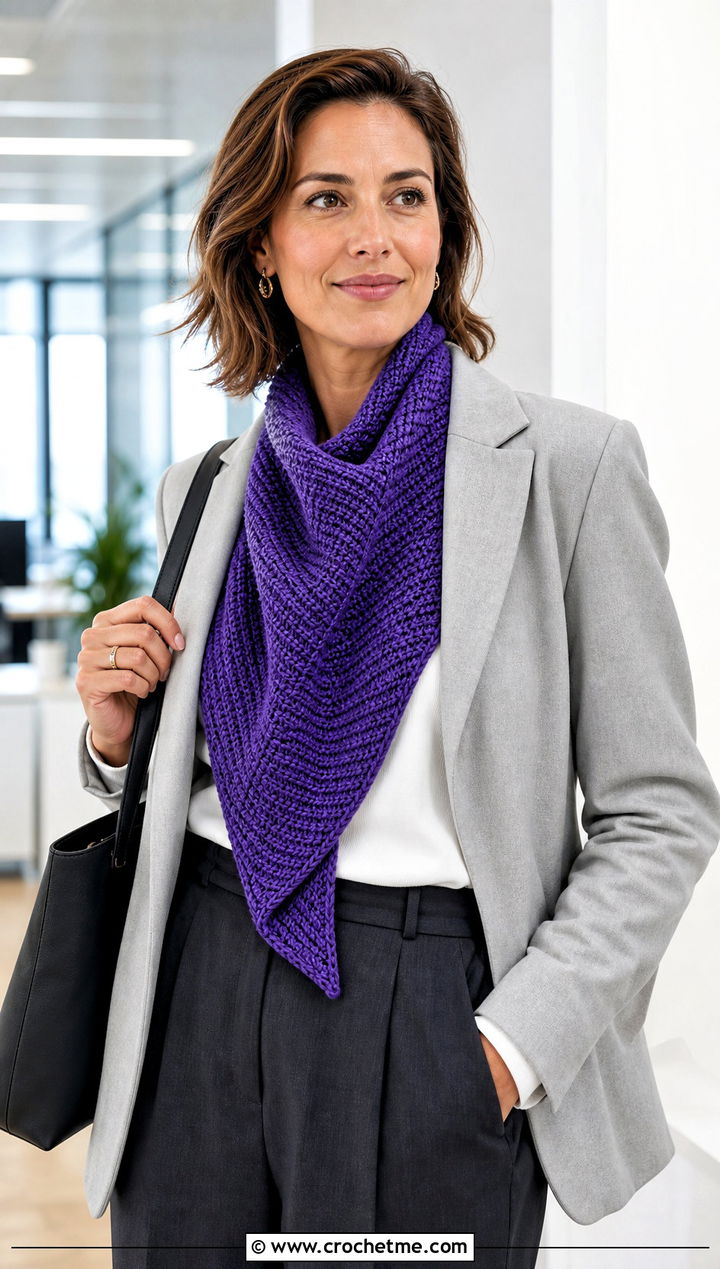 Tunisian Asymmetrical Crochet Shawl With Blazer And Wide Leg Pants - 30 asymmetrical crochet shawl outfit ideas