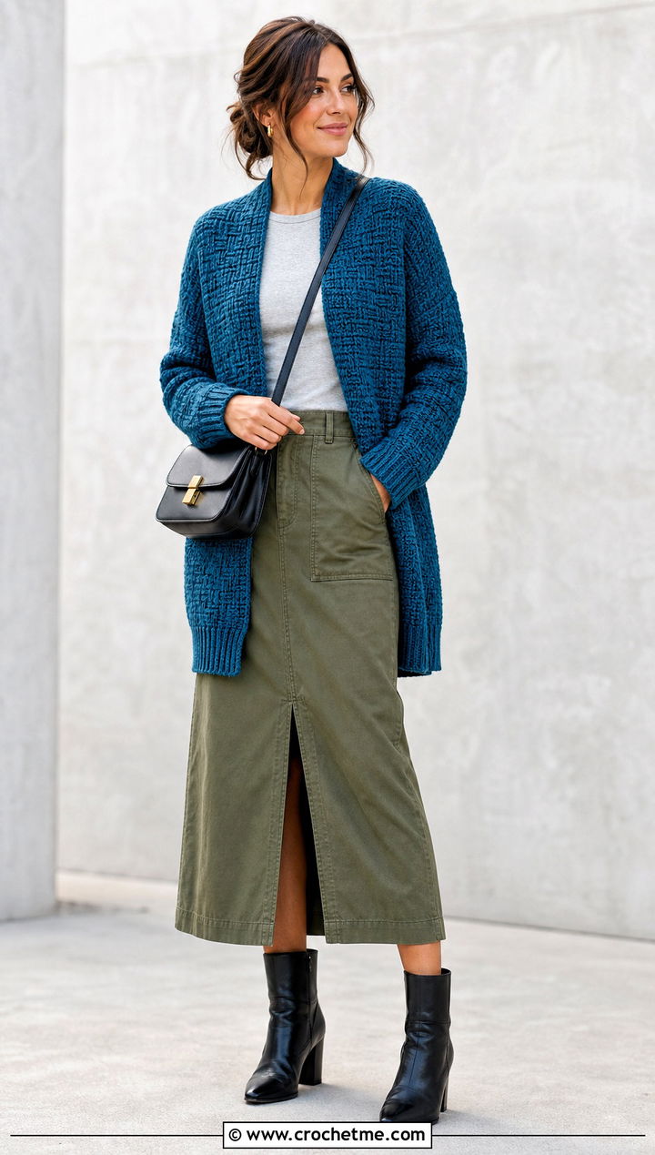 Tunisian Basketweave Cardigan With Utility Skirt - 35 tunisian crochet cardigan outfit ideas