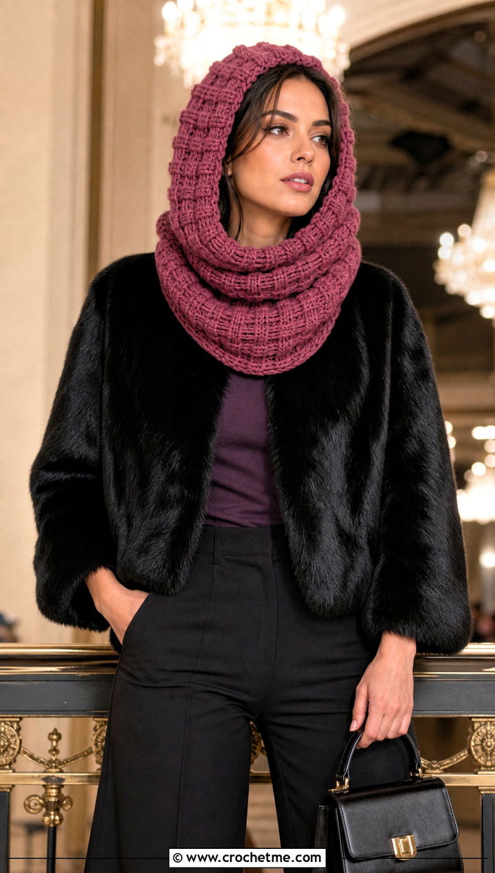 Tunisian Basketweave Hooded Cowl With Faux Fur Coat - 15 Tunisian Crochet Hooded Cowl outfit ideas