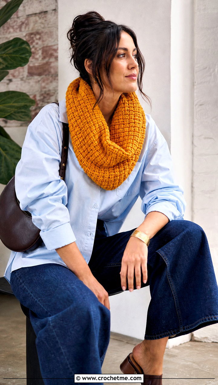 Tunisian Basketweave Infinity Scarf With Shirt And Barrel Jeans - 15 Tunisian Crochet Infinity Scarf outfit ideas