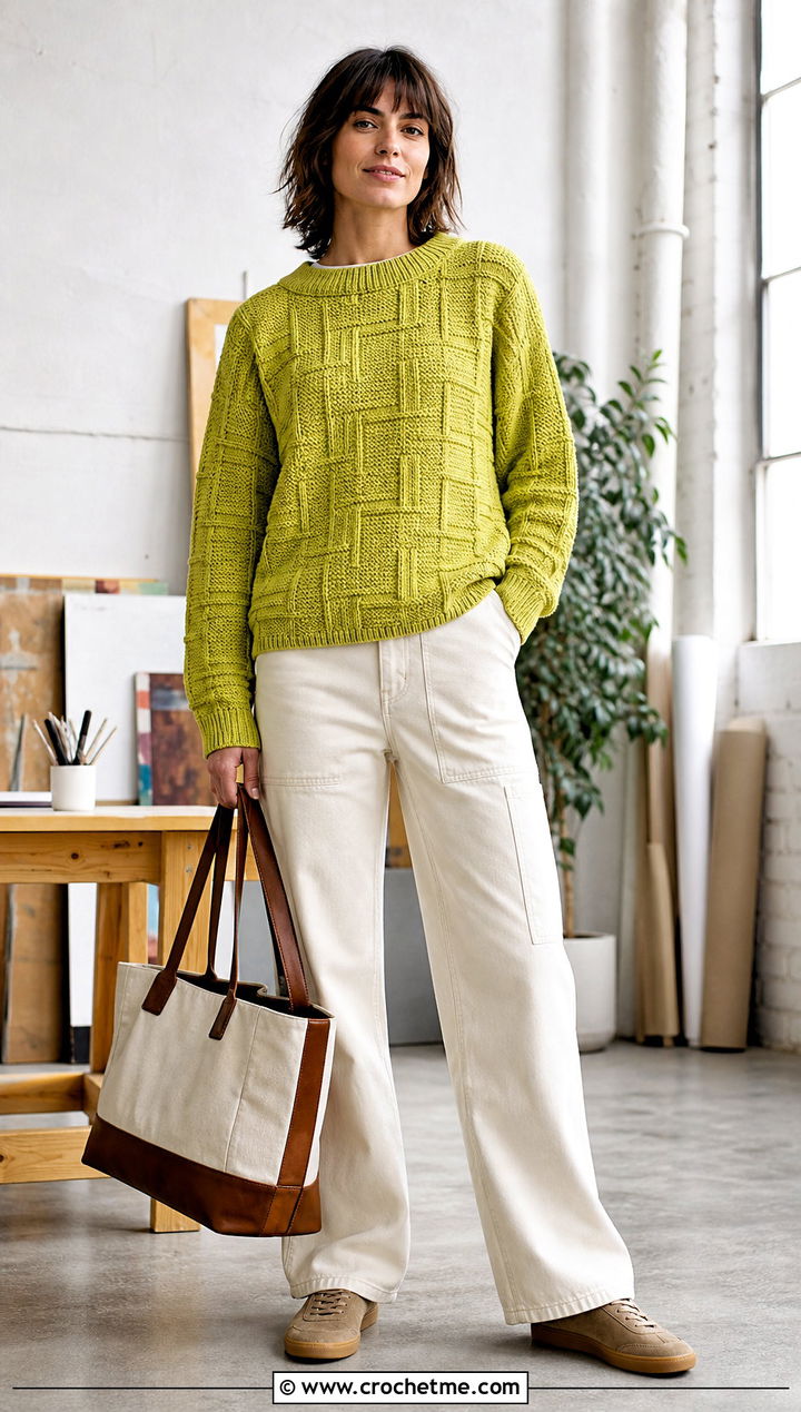 Tunisian Basketweave Sweater With Ecru Workwear Pants - 35 tunisian crochet sweater outfit ideas