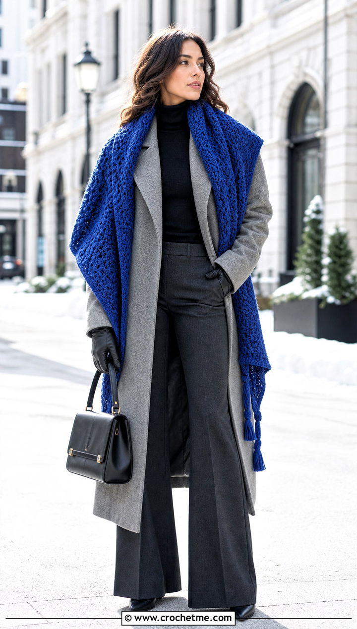 Tunisian Blanket Scarf With Wool Coat - 35 tunisian crochet scarf outfit ideas