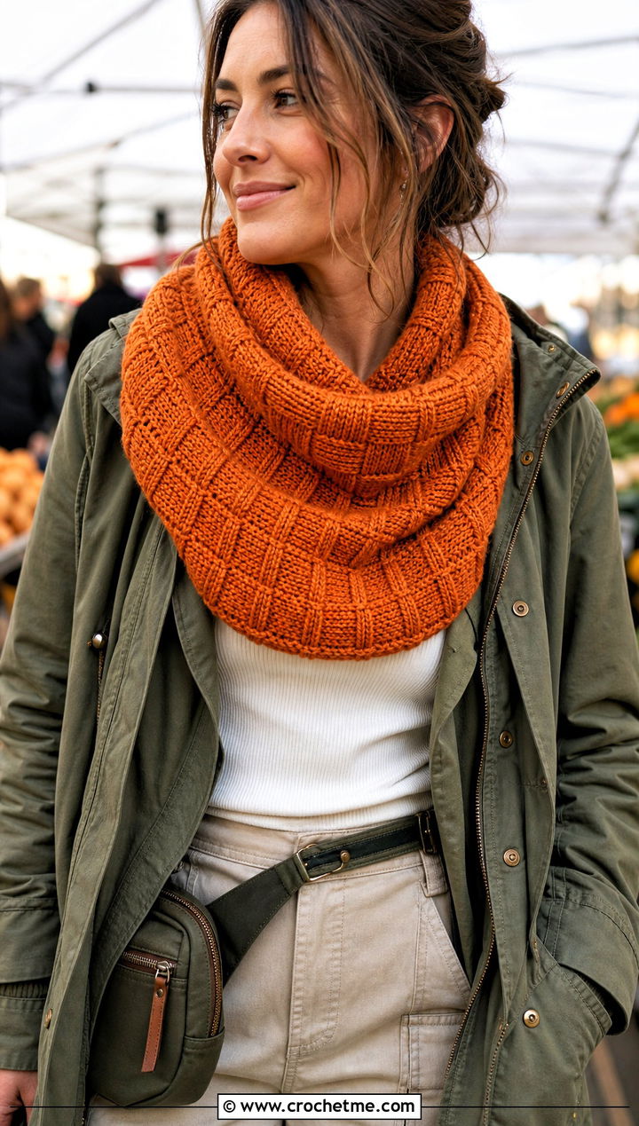 Tunisian Brick Stitch Cowl With Utility Jacket - 15 Tunisian Crochet Cowl outfit ideas