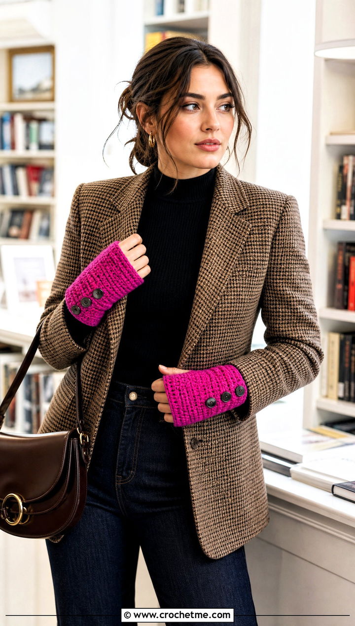 Tunisian Button Cuff Fingerless Gloves With Wool Blazer - 25 tunisian crochet fingerless gloves outfit ideas
