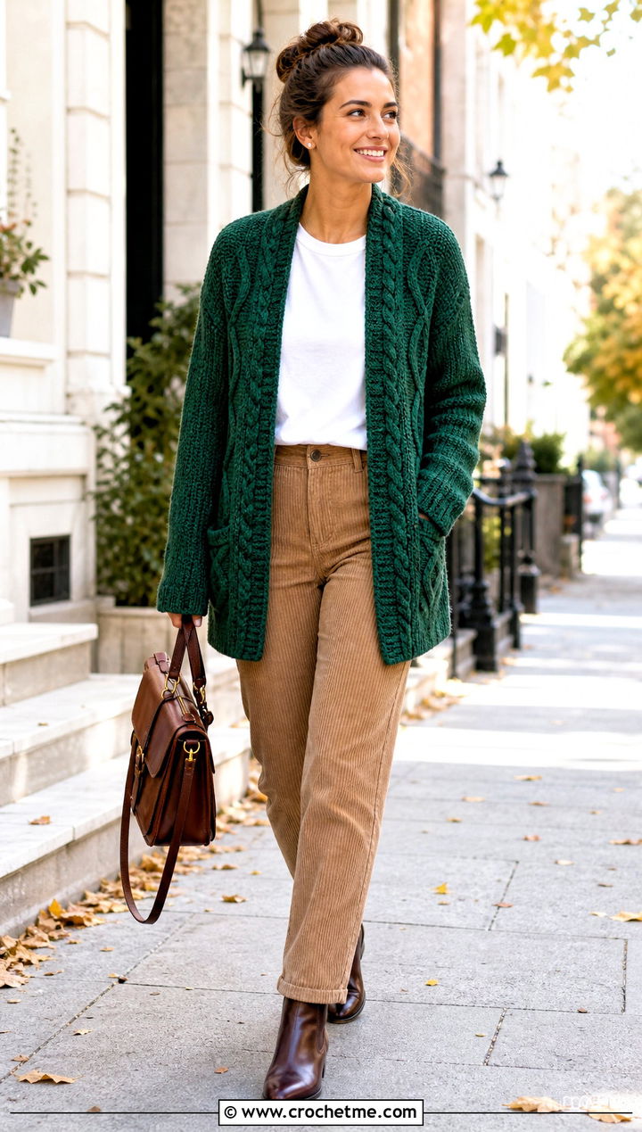 Tunisian Cable Cardigan With Corduroy Trousers - 35 tunisian crochet cardigan outfit ideas