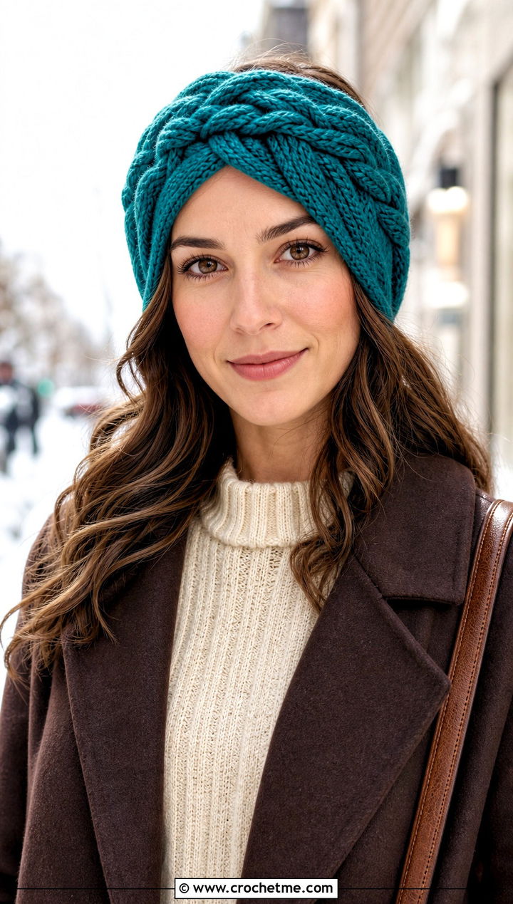 Tunisian Cable Ear Warmer With Sweater Dress - 30 tunisian crochet headband outfit ideas