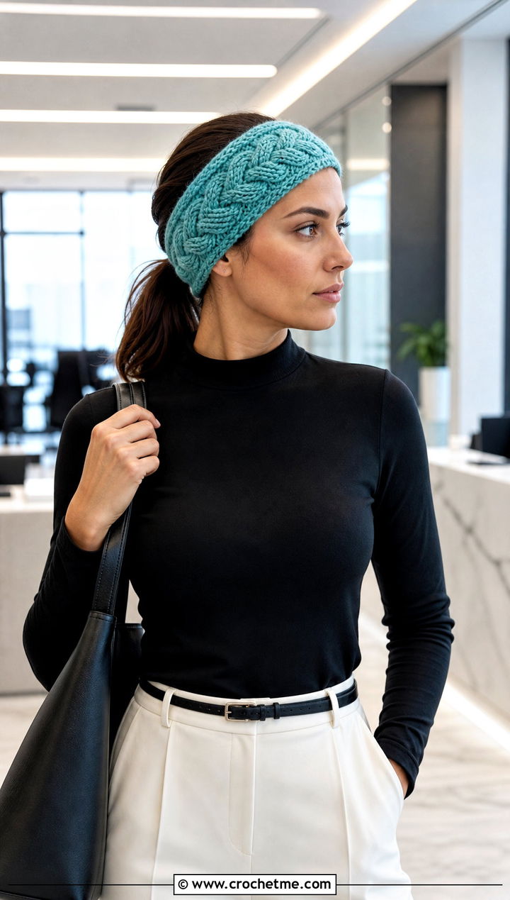 Tunisian Cable Headband With Tailored Trousers - 25 crochet cable headband outfit ideas