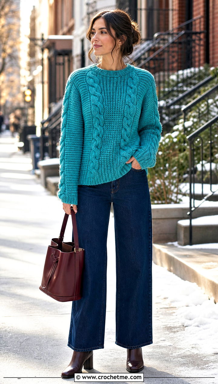 Tunisian Cable Look Sweater With Dark Wash Jeans - 35 tunisian crochet sweater outfit ideas