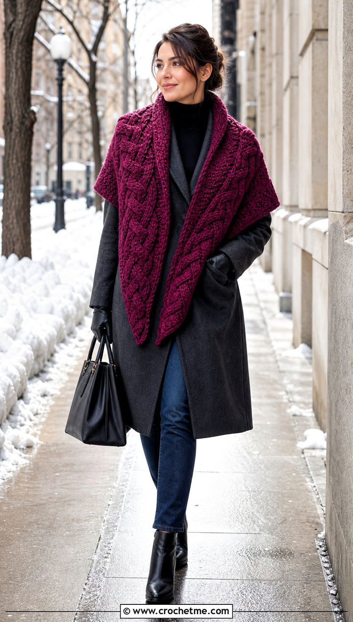 Tunisian Cable Stitch Shawl With Wool Coat - 35 tunisian crochet shawl outfit ideas