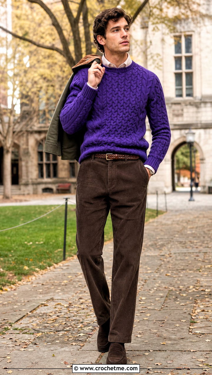 Tunisian Cable Sweater With Corduroy Pants - 15 Tunisian Crochet Mens Sweater outfit ideas