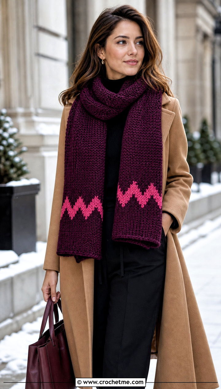 Tunisian Charlie Brown Scarf With Wool Coat - 15 Crochet Charlie Brown Scarf outfit ideas