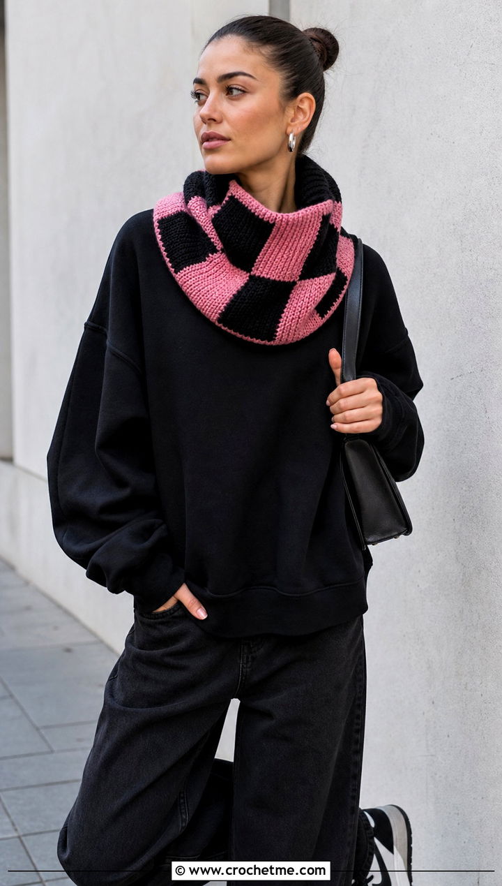 Tunisian Checkmate Cowl With Monochrome Streetwear - 15 Tunisian Crochet Cowl outfit ideas