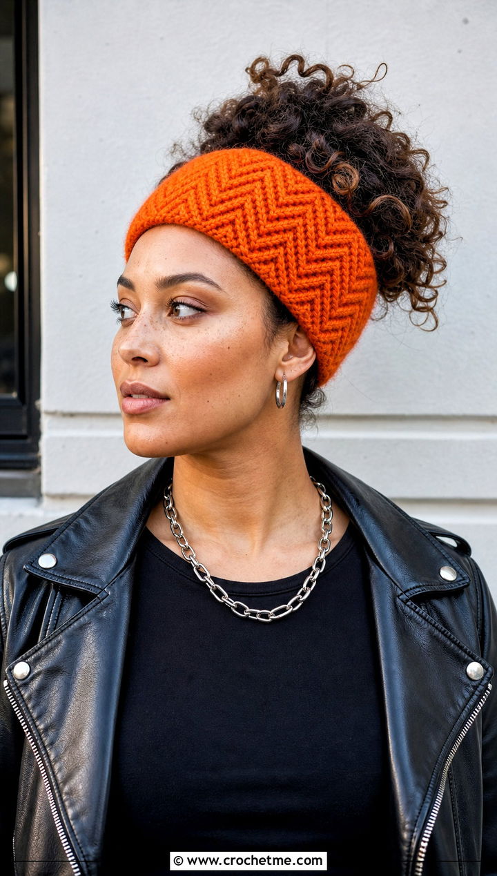 Tunisian Chevron Headband With Leather Jacket - 30 tunisian crochet headband outfit ideas