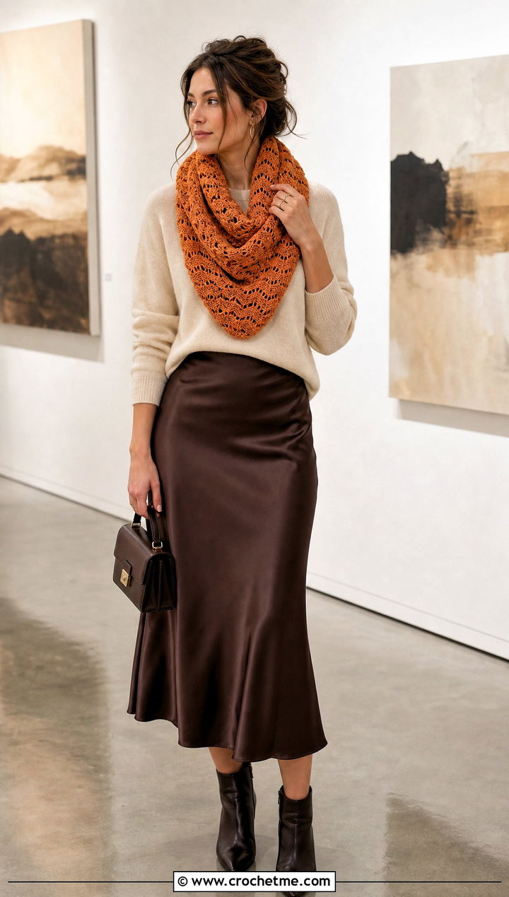 Tunisian Chevron Lace Infinity Scarf With Satin Skirt And Sweater - 15 Tunisian Crochet Infinity Scarf outfit ideas