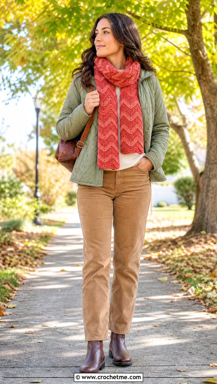 Tunisian Chevron Scarf With Quilted Jacket - 35 tunisian crochet scarf outfit ideas