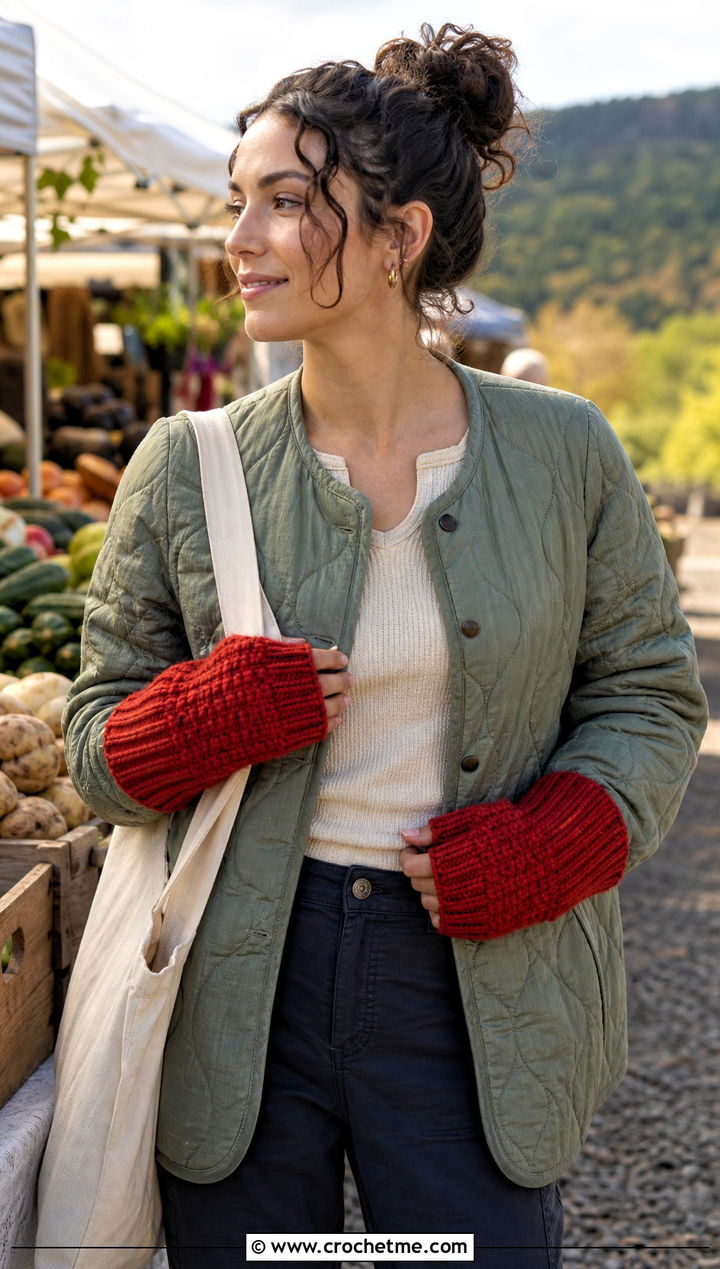Tunisian Chunky Fingerless Gloves With Quilted Jacket - 25 tunisian crochet fingerless gloves outfit ideas
