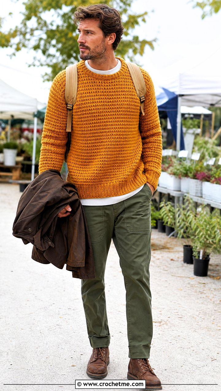 Tunisian Chunky Pullover With Carpenter Pants - 15 Tunisian Crochet Mens Sweater outfit ideas