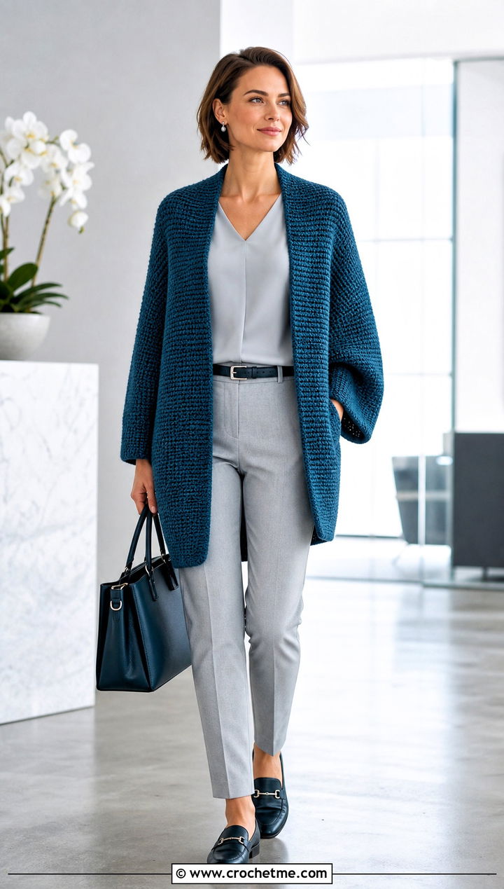 Tunisian Cocoon Crochet Cardigan With Monochrome Workwear - 25 Cocoon Crochet Cardigan outfit ideas