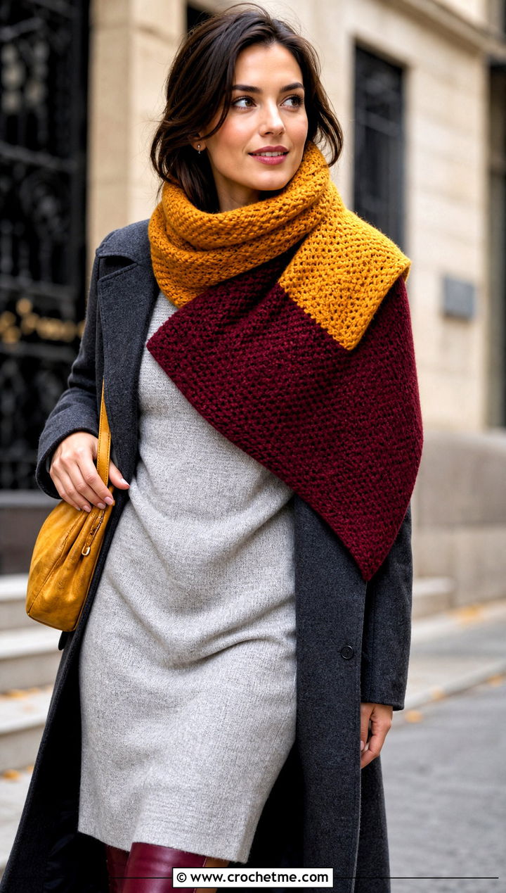 Tunisian Color Block Crochet Scarf With Sweater Dress - 25 Color Block Crochet Scarf outfit ideas