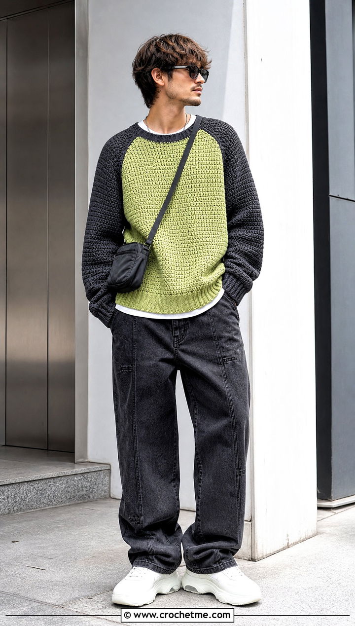Tunisian Color Block Raglan Sweater With Baggy Jeans - 15 Tunisian Crochet Mens Sweater outfit ideas