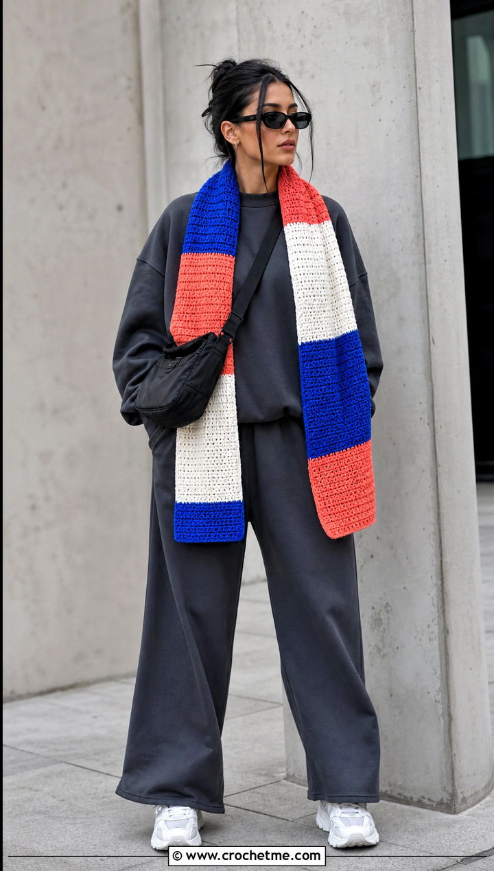 Tunisian Color Block Scarf With Monochrome Streetwear - 35 tunisian crochet scarf outfit ideas