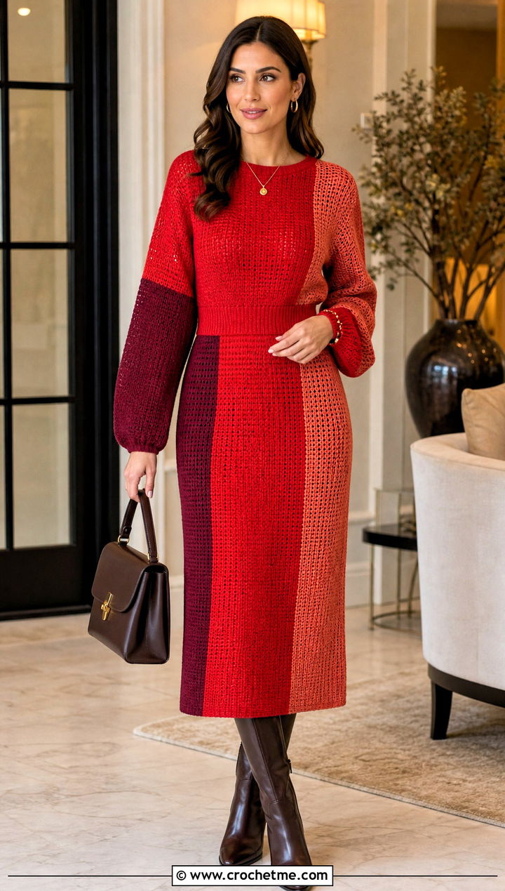 Tunisian Color Block Sweater Dress With Knee High Boots - 20 Tunisian Crochet Clothing and outfit ideas
