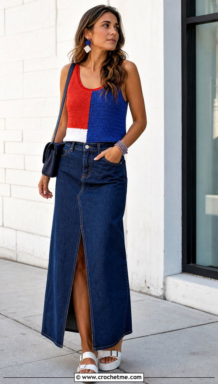 Tunisian Color Block Tank With Denim Maxi Skirt - 15 tunisian crochet tank top outfit ideas