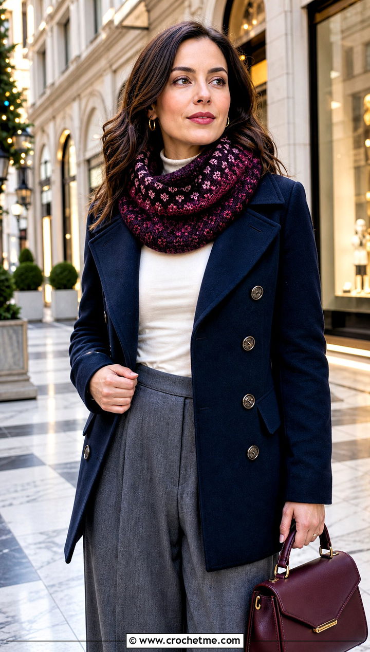 Tunisian Colorwork Cowl With Peacoat And Wide Leg Pants - 15 Tunisian Crochet Cowl outfit ideas
