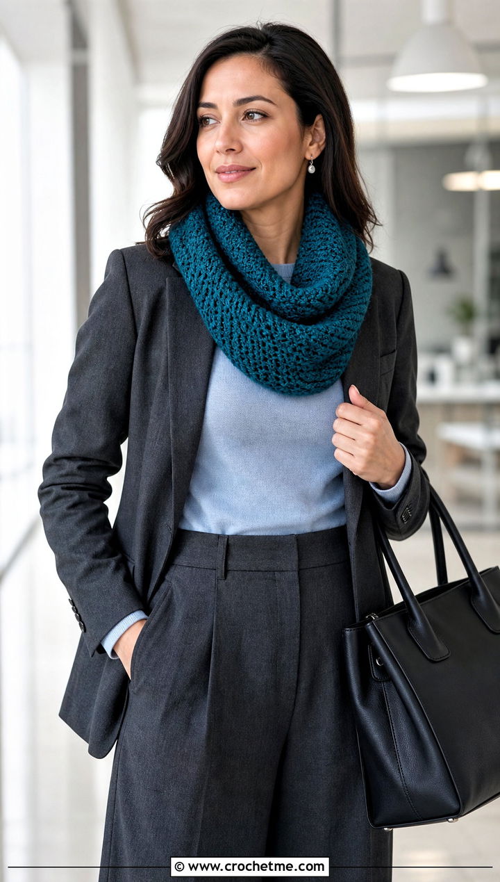 Tunisian Cowl Neck Crochet Scarf With Blazer - 25 Cowl Neck Crochet Scarf outfit ideas