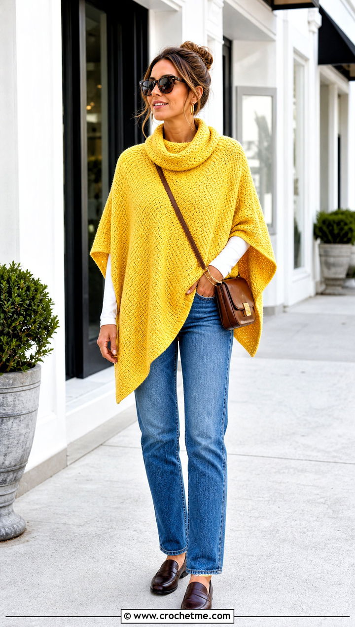 Tunisian Cowl Neck Poncho With Straight Jeans - 30 tunisian crochet poncho outfit ideas