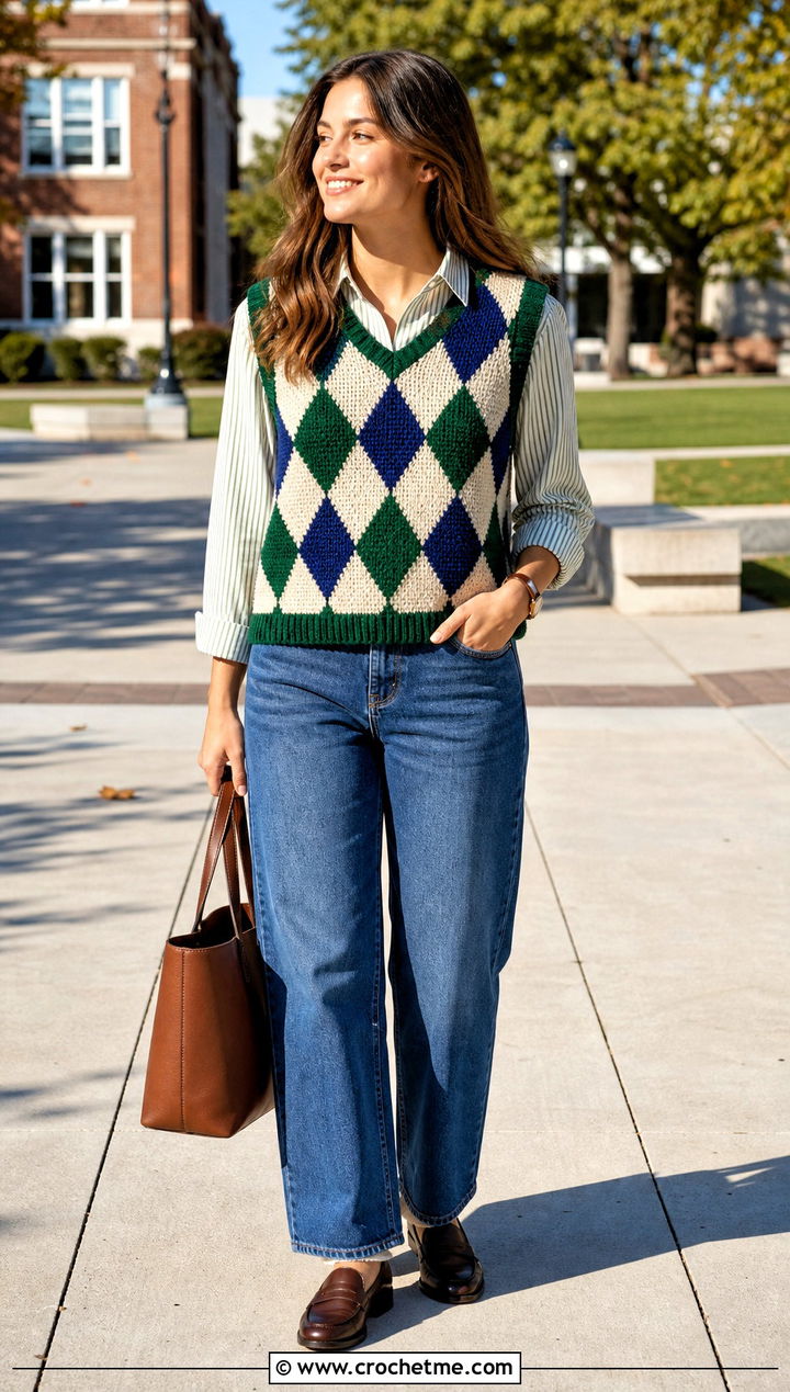 Tunisian Crochet Argyle Sweater Vest With Straight Leg Jeans - 20 Argyle Crochet Sweater Vest outfit ideas