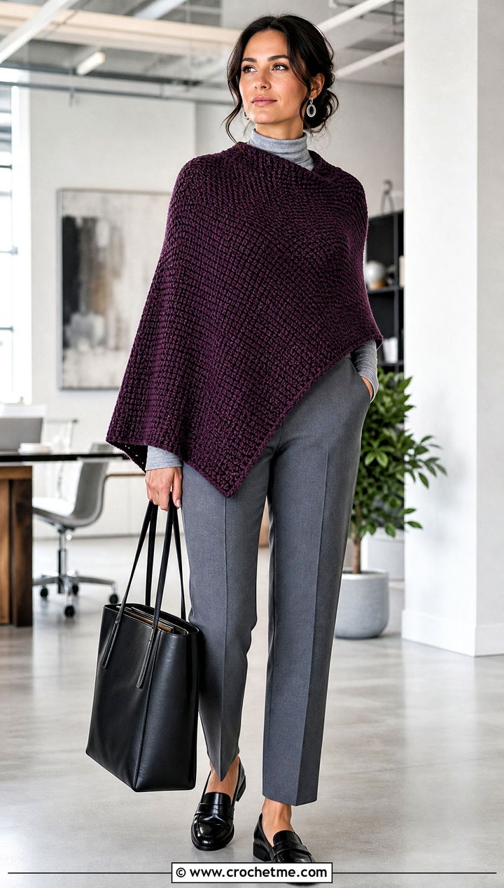 Tunisian Crochet Asymmetrical Poncho With Tailored Trousers - 25 Asymmetrical Crochet Poncho outfit ideas