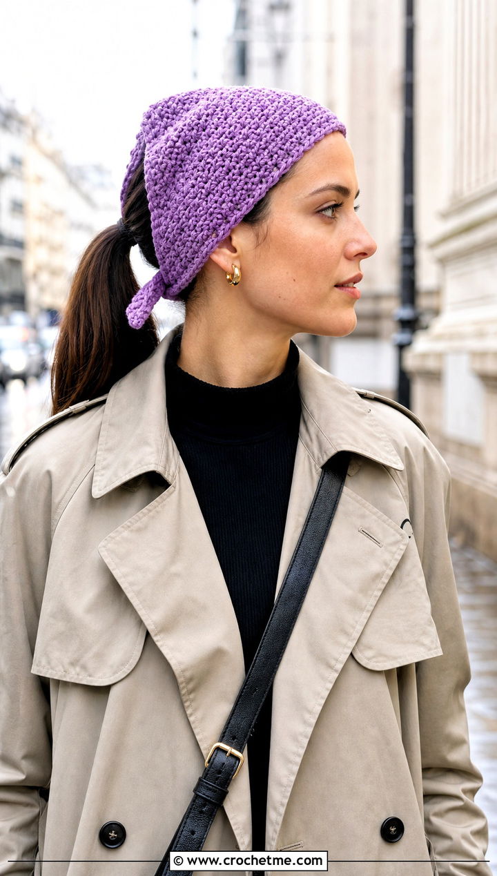 Tunisian Crochet Bandana With Trench Coat - 25 crochet bandana hair scarf outfit ideas