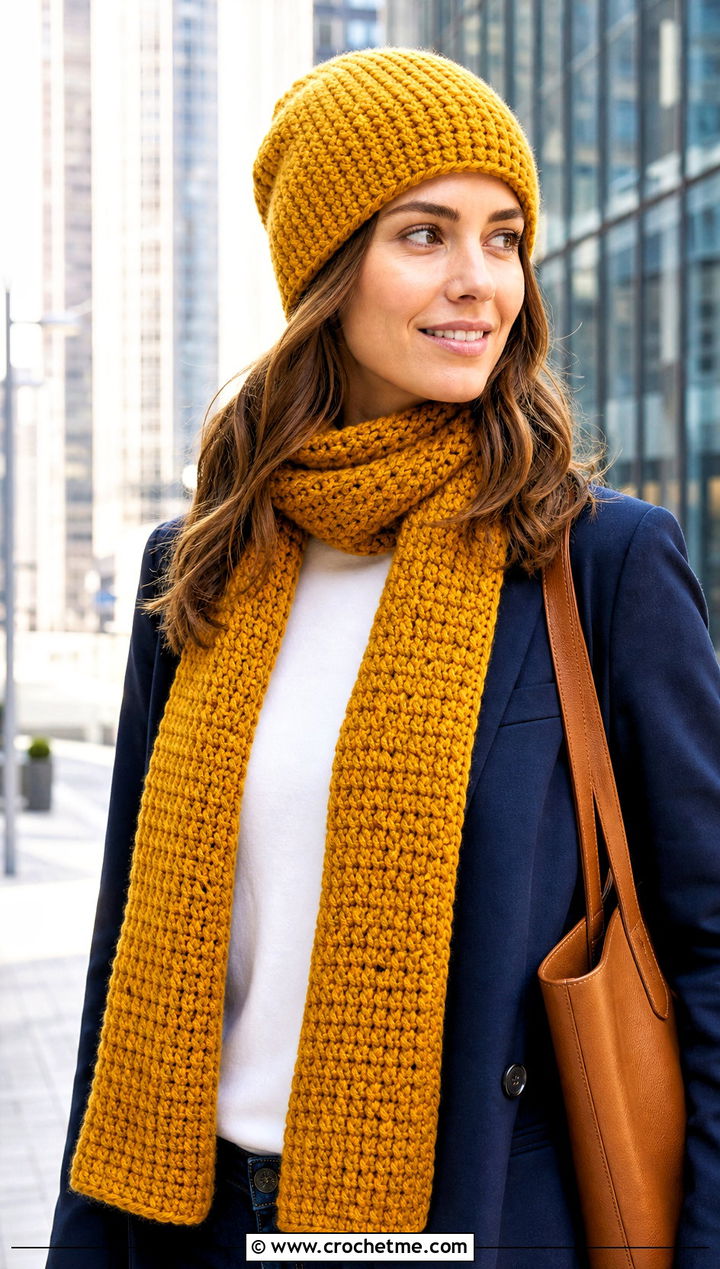 Tunisian Crochet Beanie And Scarf Set With Blazer And Jeans - 30 crochet beanie and scarf set outfit ideas