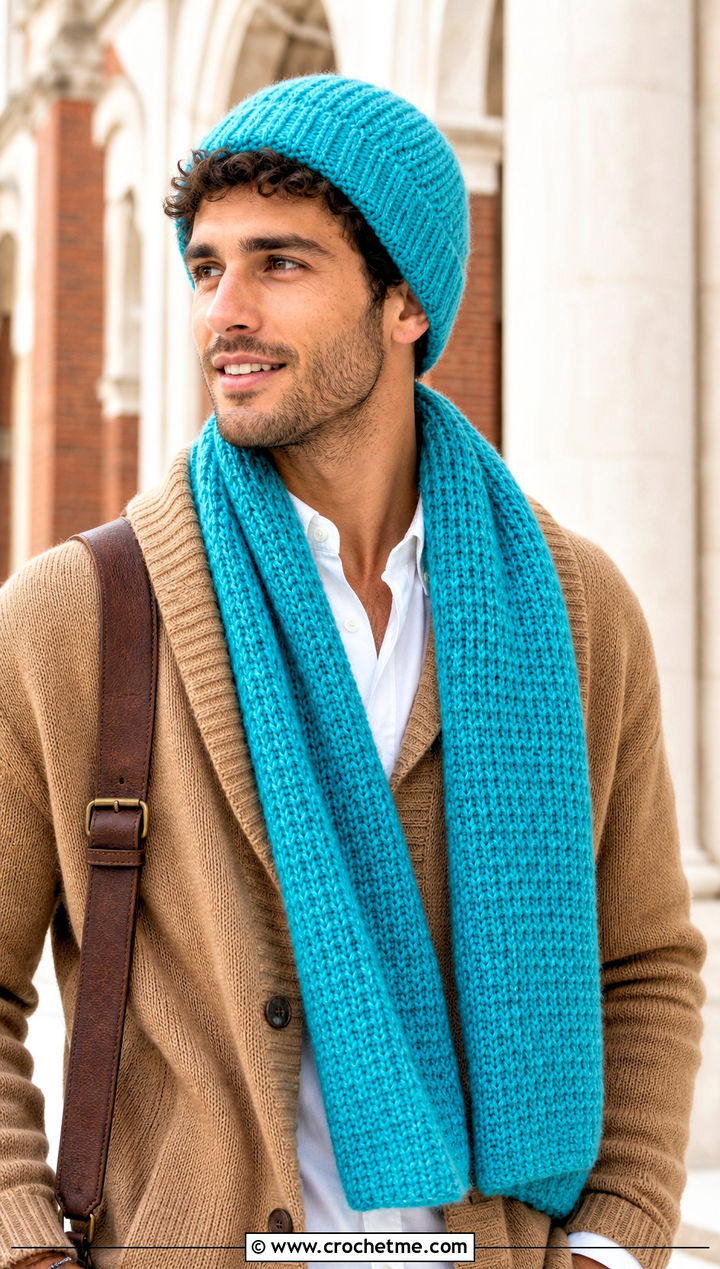 Tunisian Crochet Beanie And Scarf With Cardigan - 20 Crochet Mens Hat And Scarf outfit ideas