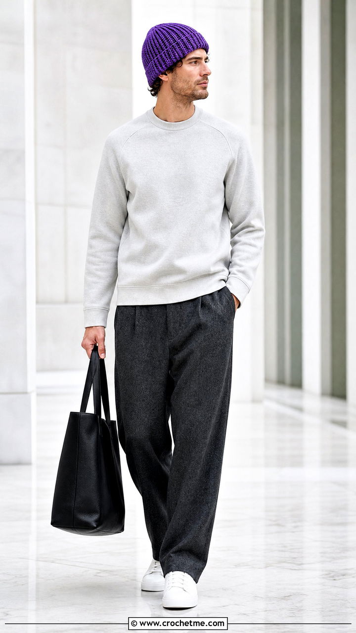 Tunisian Crochet Beanie With Sweatshirt And Wool Pants - 35 crochet beanie for men outfit ideas