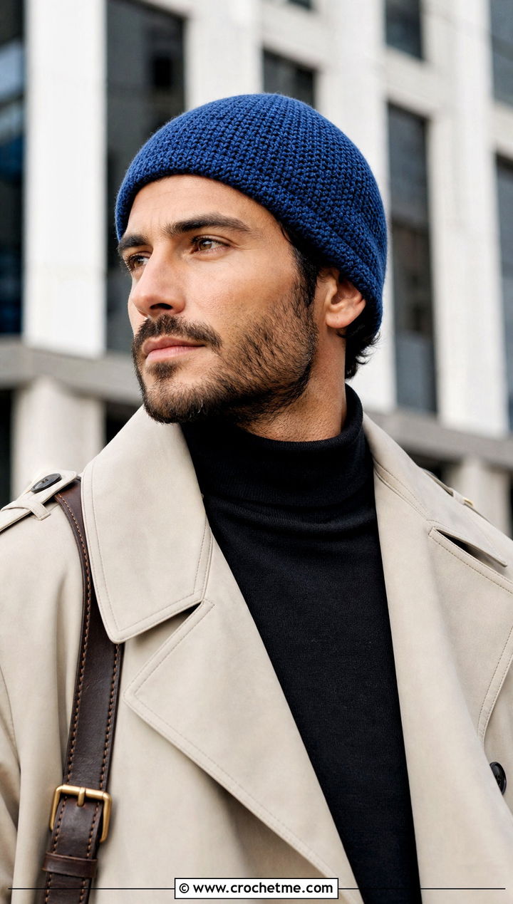 Tunisian Crochet Beanie With Trench Coat - 15 men's crochet beanies outfit ideas