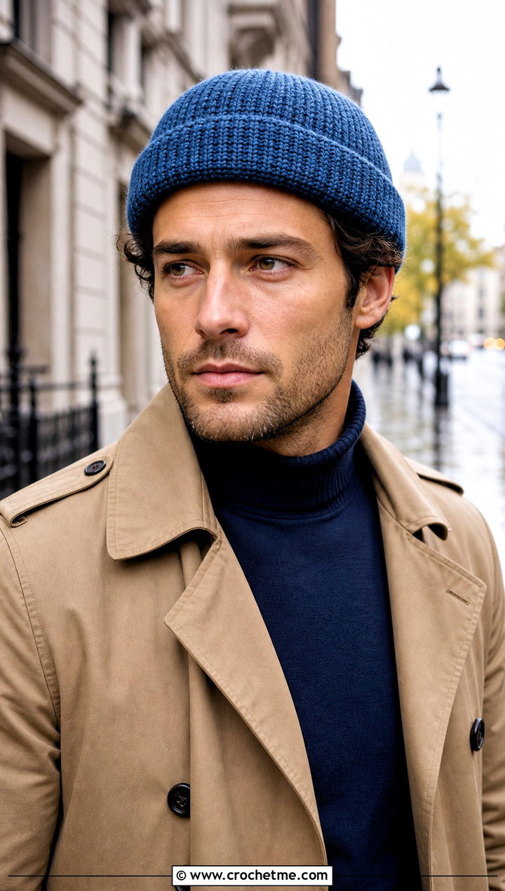 Tunisian Crochet Beanie With Trench Coat - 25 easy men's crochet beanie outfit ideas