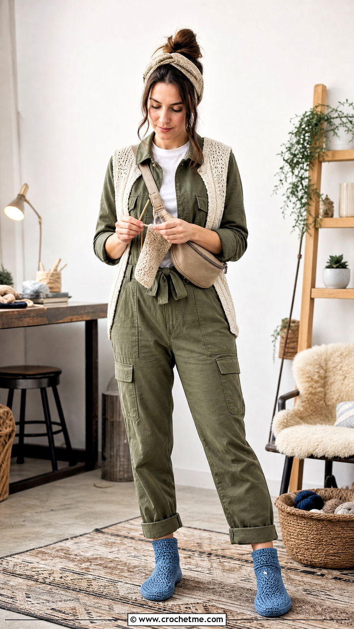 Tunisian Crochet Bed Socks With Utility Jumpsuit - 35 crochet bed socks outfit ideas