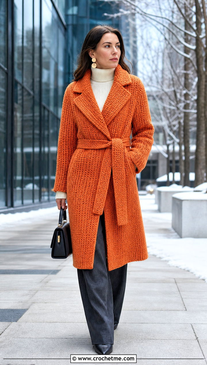 Tunisian Crochet Belted Winter Coat With Wide Leg Trousers - 20 Crochet Winter Coat outfit ideas