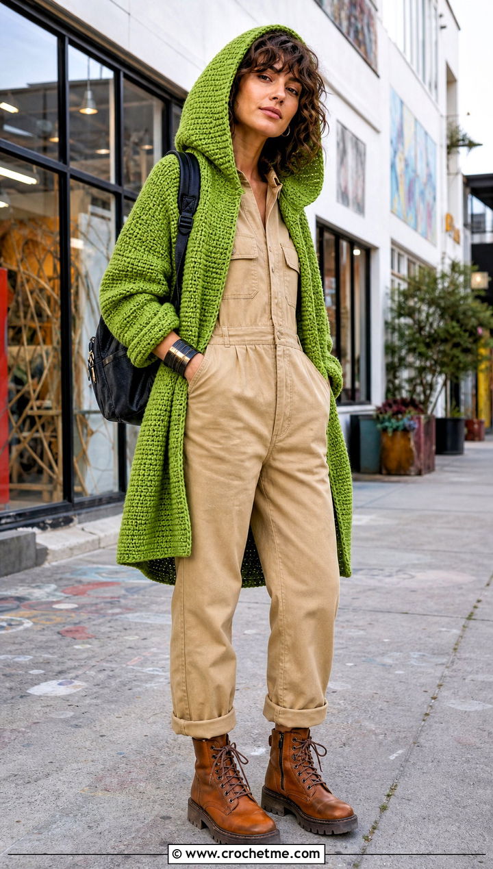 Tunisian Crochet Blanket Hoodie With Utility Jumpsuit - 30 crochet blanket hoodie outfit ideas