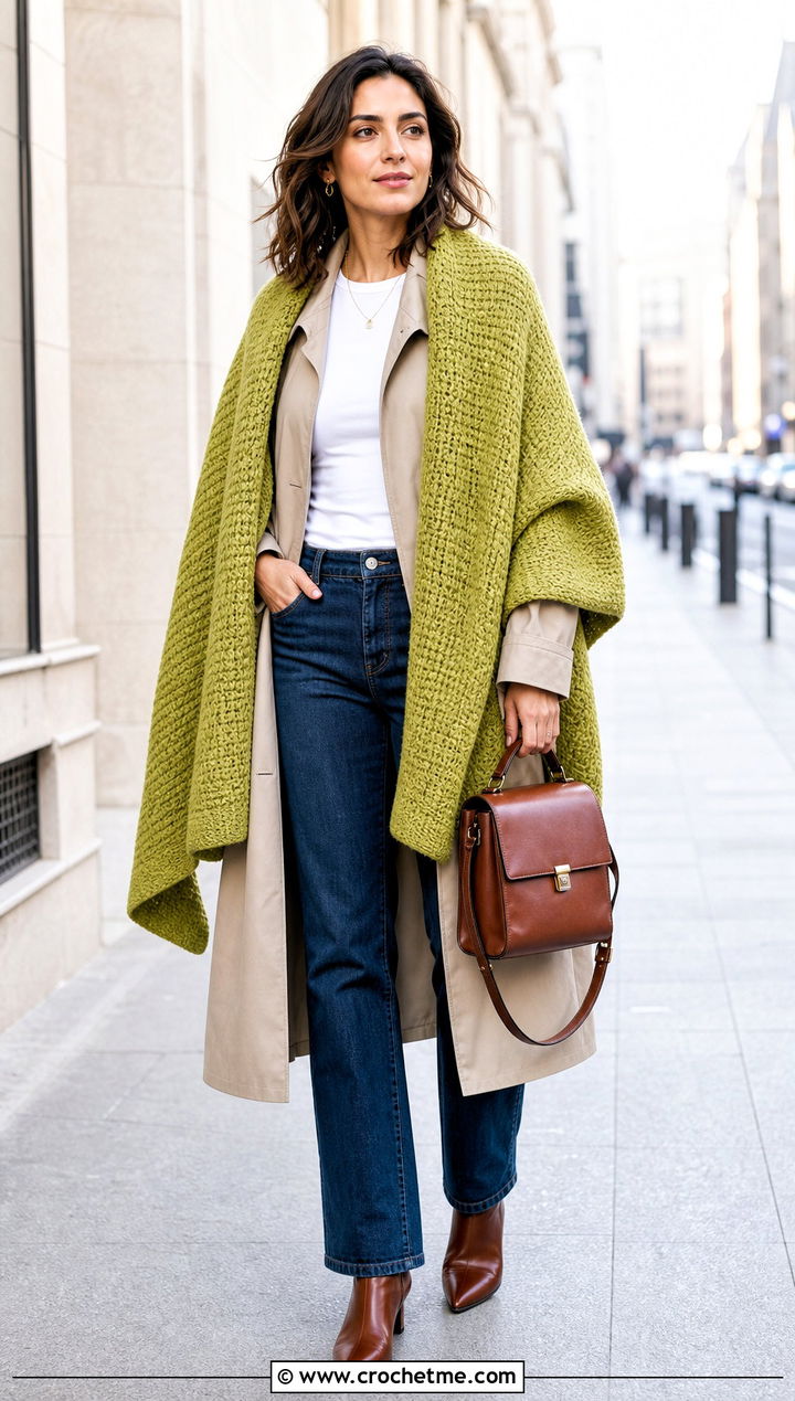 Tunisian Crochet Blanket Shawl With Trench Coat - 30 crochet blanket shawl outfit ideas